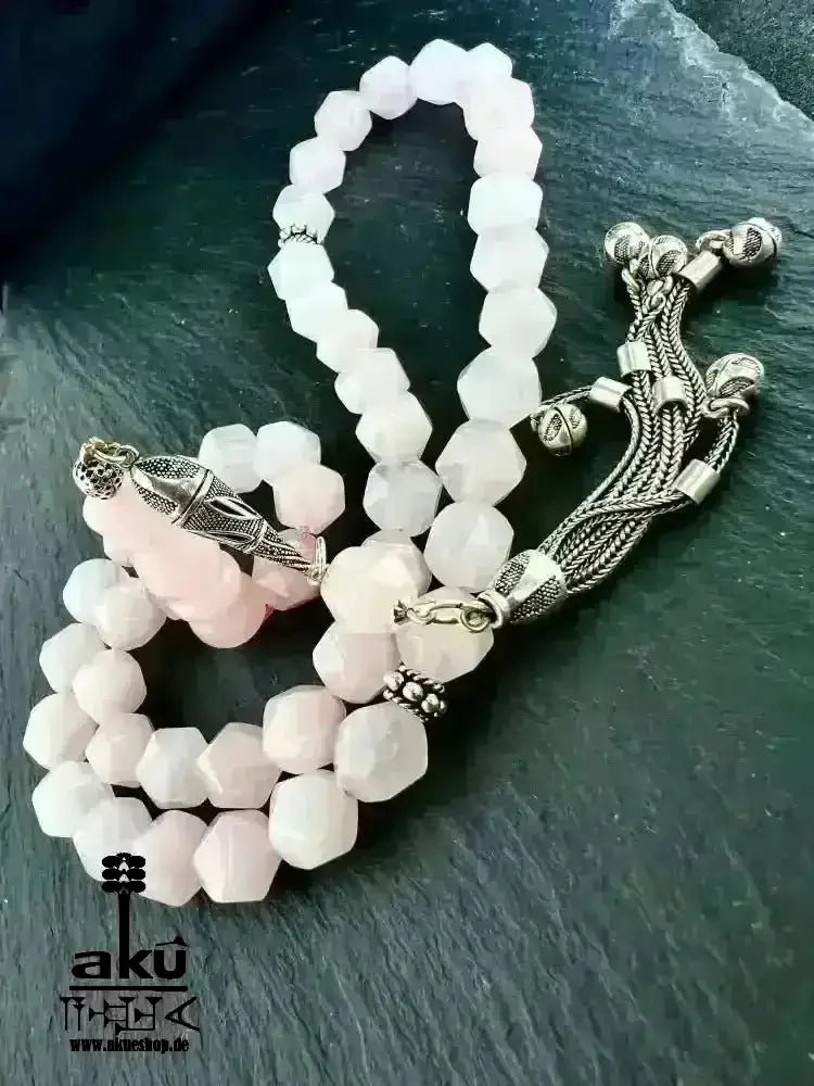 Rosé Quarz Tesbih 45, 10mm, natürlicher Edelstein, Herzchakra,islamische Misbaha, 925 Sterling Silber Quaste - AkueShop