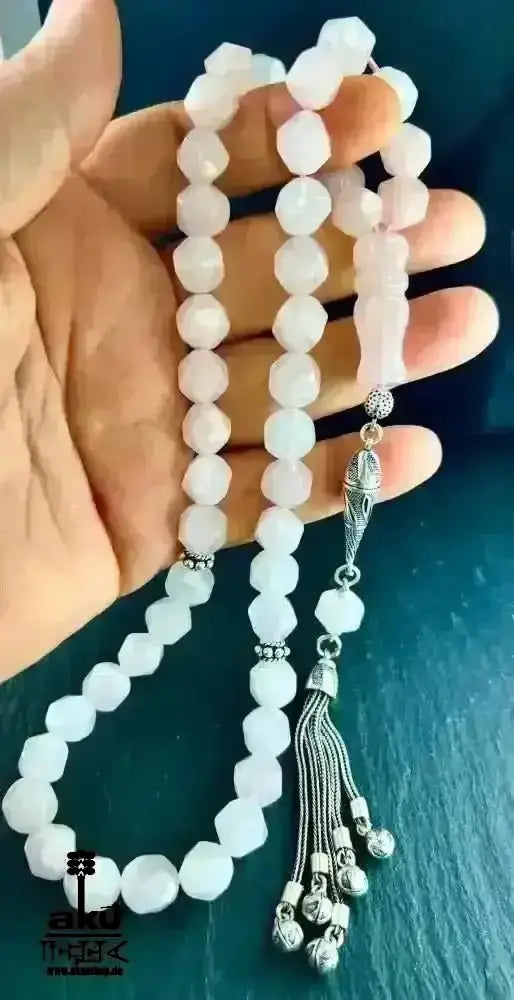 Rosé Quarz Tesbih 45, 10mm, natürlicher Edelstein, Herzchakra,islamische Misbaha, 925 Sterling Silber Quaste - AkueShop