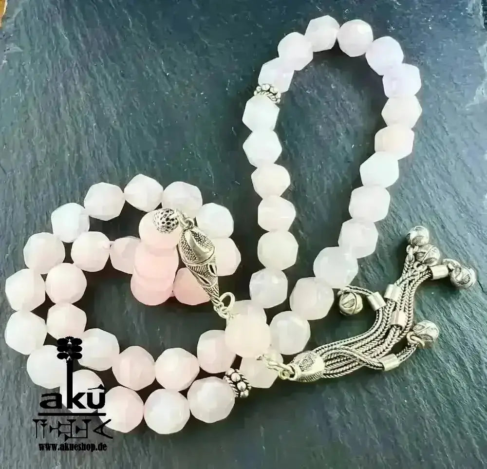 Rosé Quarz Tesbih 45, 10mm, natürlicher Edelstein, Herzchakra,islamische Misbaha, 925 Sterling Silber Quaste - AkueShop