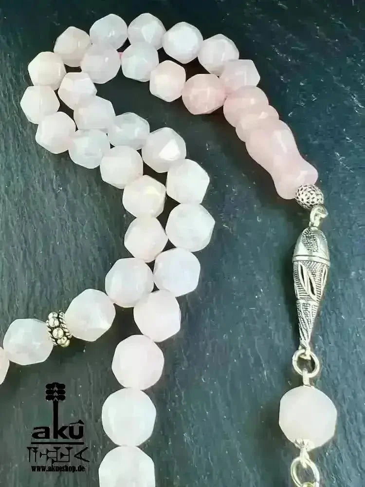 Rosé Quarz Tesbih 45, 10mm, natürlicher Edelstein, Herzchakra,islamische Misbaha, 925 Sterling Silber Quaste - AkueShop