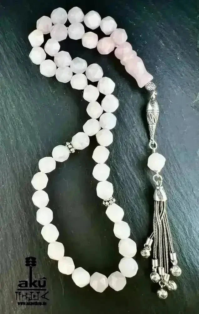 Rosé Quarz Tesbih 45, 10mm, natürlicher Edelstein, Herzchakra,islamische Misbaha, 925 Sterling Silber Quaste - AkueShop