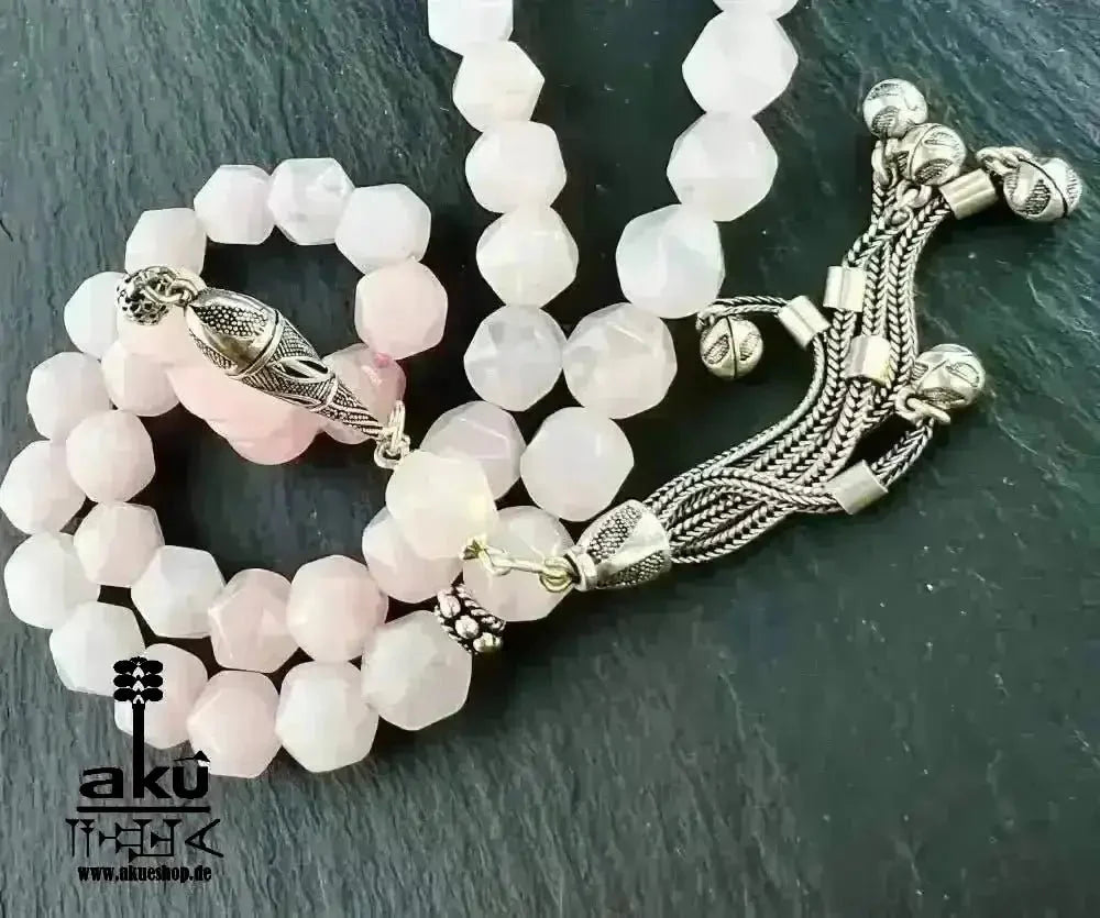 Rosé Quarz Tesbih 45, 10mm, natürlicher Edelstein, Herzchakra,islamische Misbaha, 925 Sterling Silber Quaste - AkueShop