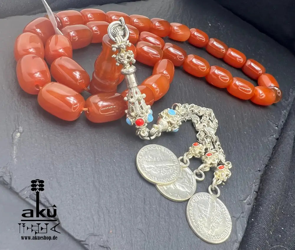 Roter Achat Akik Tasbih, natürliche riesige Achat-Perlen Gebetskette, Islamische Misbaha, AkueShop, 925er silbere Quaste