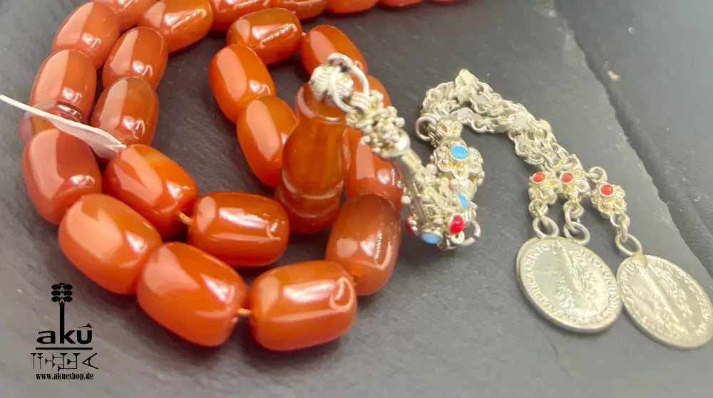 Roter Achat Akik Tasbih, natürliche riesige Achat-Perlen Gebetskette, Islamische Misbaha, AkueShop, 925er silbere Quaste