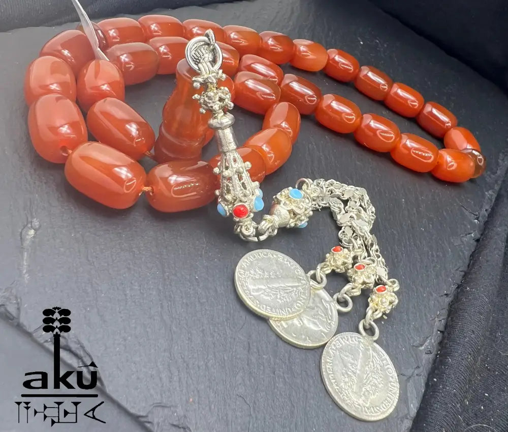 Roter Achat Akik Tasbih, natürliche riesige Achat-Perlen Gebetskette, Islamische Misbaha, AkueShop, 925er silbere Quaste