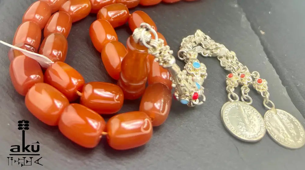 Roter Achat Akik Tasbih, natürliche riesige Achat-Perlen Gebetskette, Islamische Misbaha, AkueShop, 925er silbere Quaste