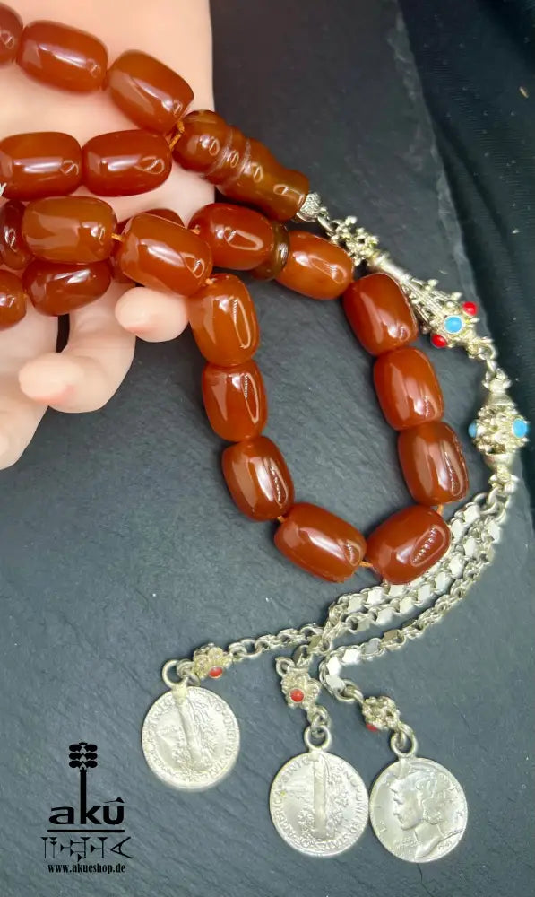 Roter Achat Akik Tasbih, natürliche riesige Achat-Perlen Gebetskette, Islamische Misbaha, AkueShop, 925er silbere Quaste