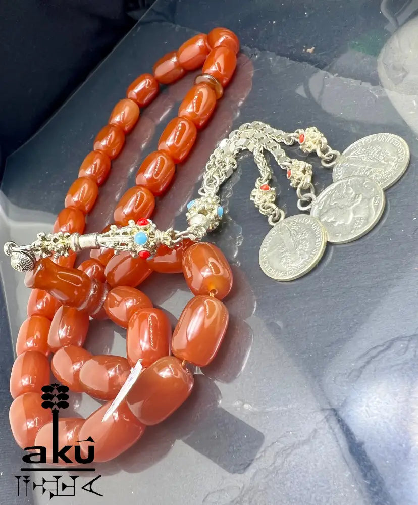 Roter Achat Akik Tasbih, natürliche riesige Achat-Perlen Gebetskette, Islamische Misbaha, AkueShop, 925er silbere Quaste