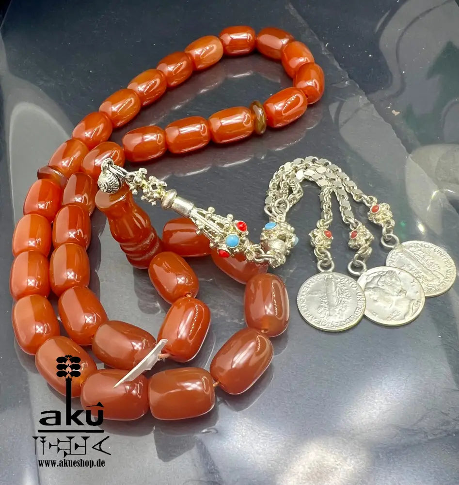 Roter Achat Akik Tasbih, natürliche riesige Achat-Perlen Gebetskette, Islamische Misbaha, AkueShop, 925er silbere Quaste