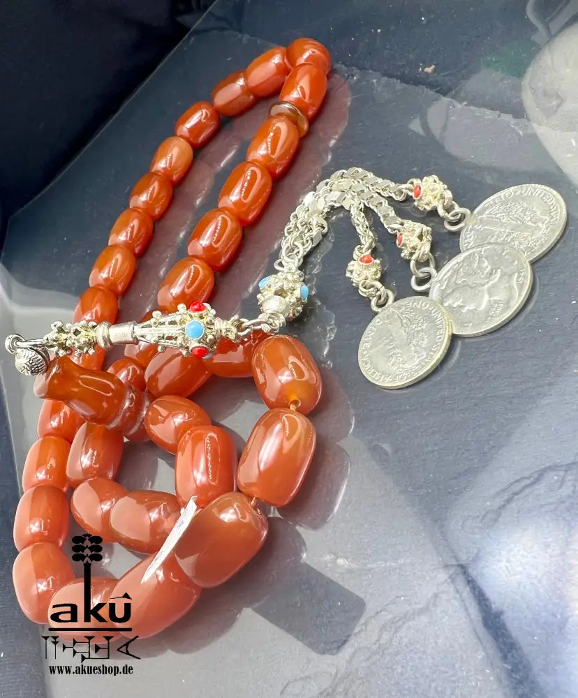 Roter Achat Akik Tasbih, natürliche riesige Achat-Perlen Gebetskette, Islamische Misbaha, AkueShop, 925er silbere Quaste