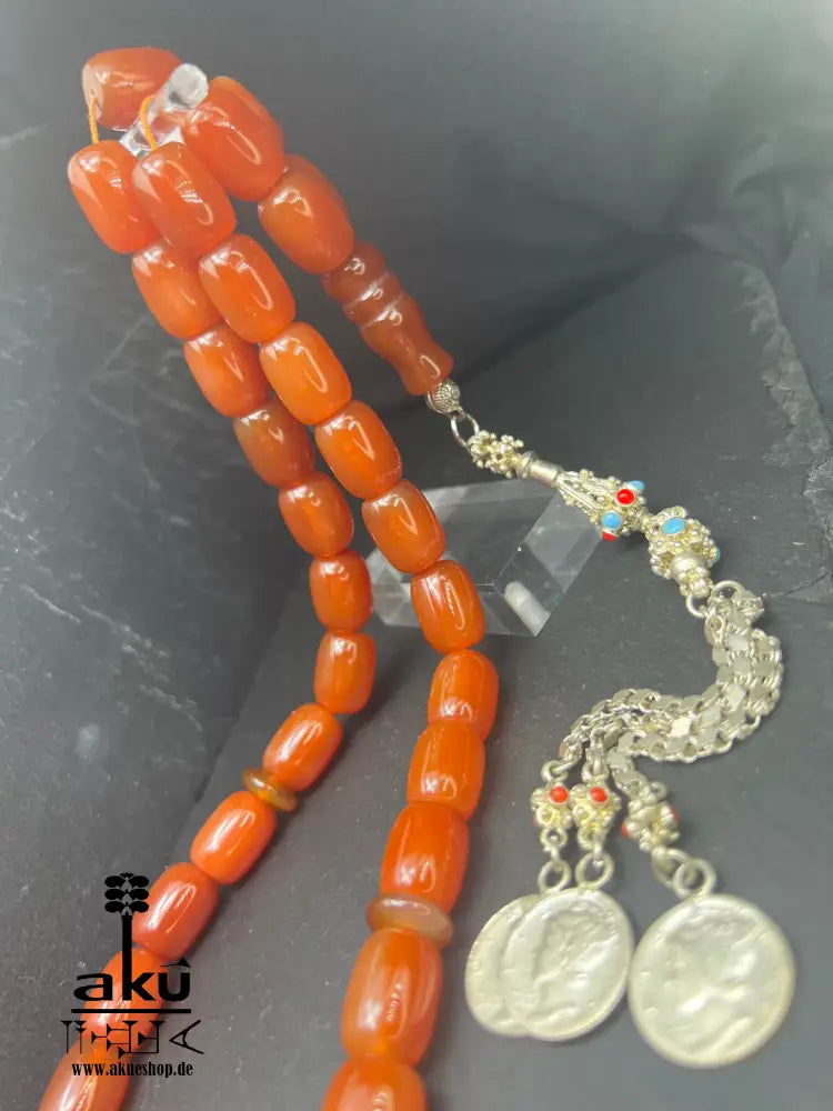Roter Achat Akik Tasbih, natürliche riesige Achat-Perlen Gebetskette, Islamische Misbaha, AkueShop, 925er silbere Quaste