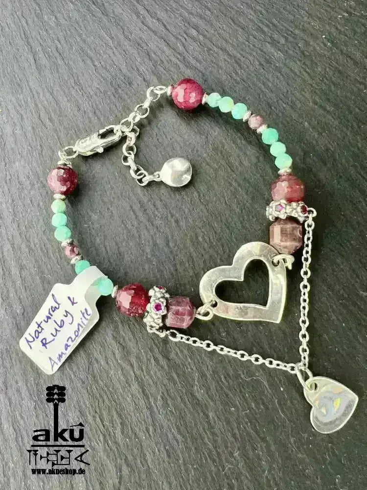 Rotes Ruben Stein und Amazonit Armband, 925er Silber, Handgefertigt, Wurzel & Hals chakras reiki Heilung - AkueShop