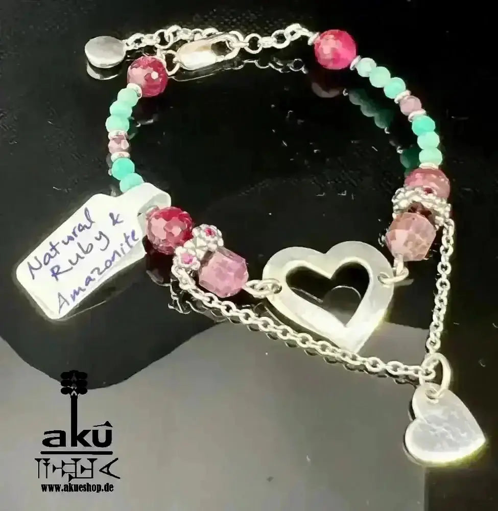Rotes Ruben Stein und Amazonit Armband, 925er Silber, Handgefertigt, Wurzel & Hals chakras reiki Heilung - AkueShop