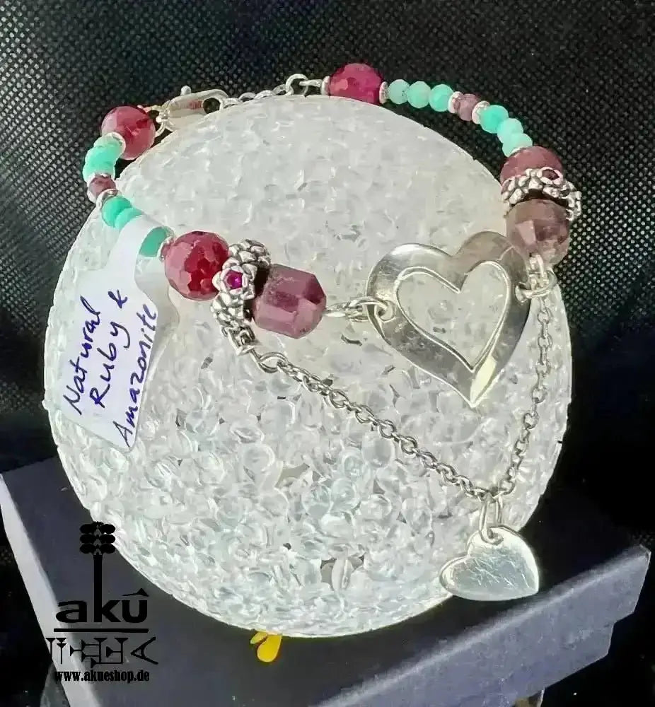 Rotes Ruben Stein und Amazonit Armband, 925er Silber, Handgefertigt, Wurzel & Hals chakras reiki Heilung - AkueShop