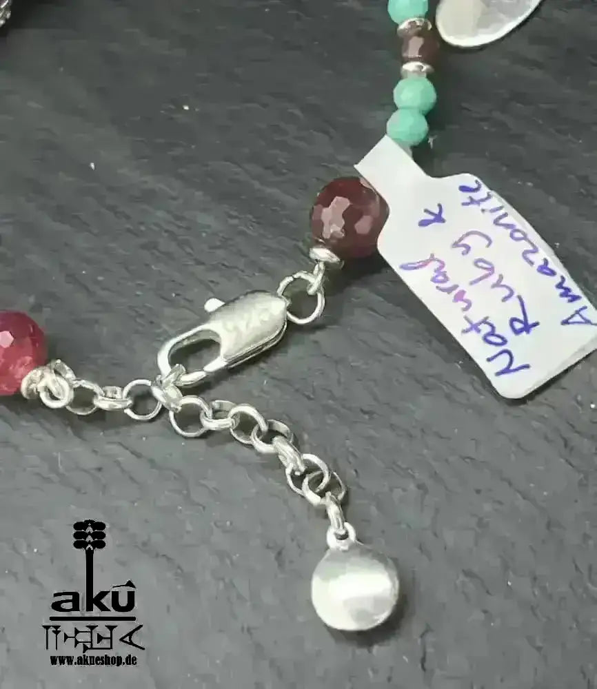 Rotes Ruben Stein und Amazonit Armband, 925er Silber, Handgefertigt, Wurzel & Hals chakras reiki Heilung - AkueShop
