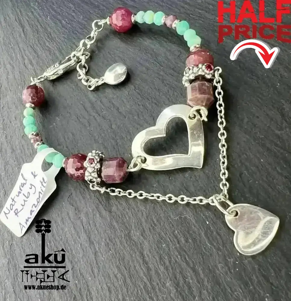 Rotes Ruben Stein und Amazonit Armband, 925er Silber, Handgefertigt, Wurzel & Hals chakras reiki Heilung - AkueShop