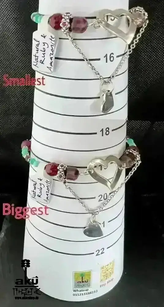 Rotes Ruben Stein und Amazonit Armband, 925er Silber, Handgefertigt, Wurzel & Hals chakras reiki Heilung - AkueShop
