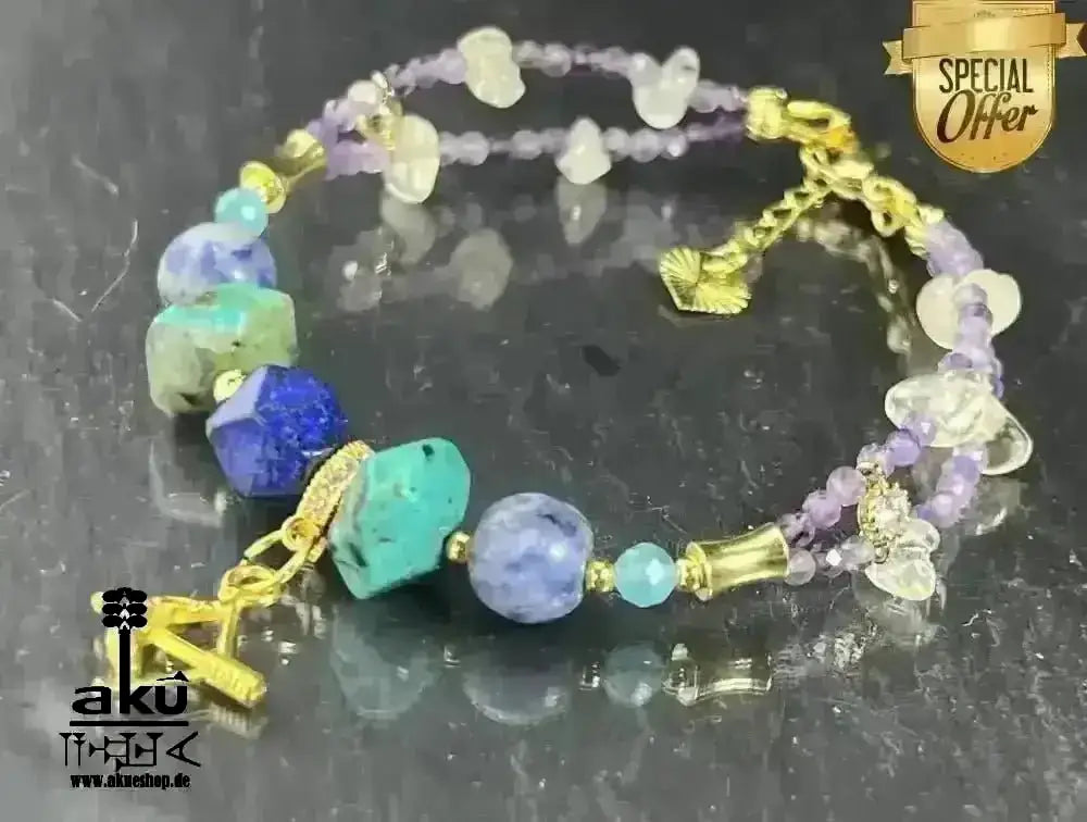 Schütze Sternzeichen Glückskristall Set natürlich - Edelstein Dritteaugechakra, Halschakra, vergoldet - AkueShop
