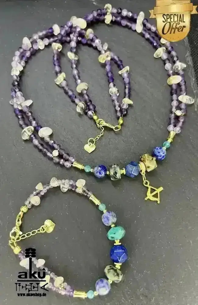 Schütze Sternzeichen Glückskristall Set natürlich - Edelstein Dritteaugechakra, Halschakra, vergoldet - AkueShop
