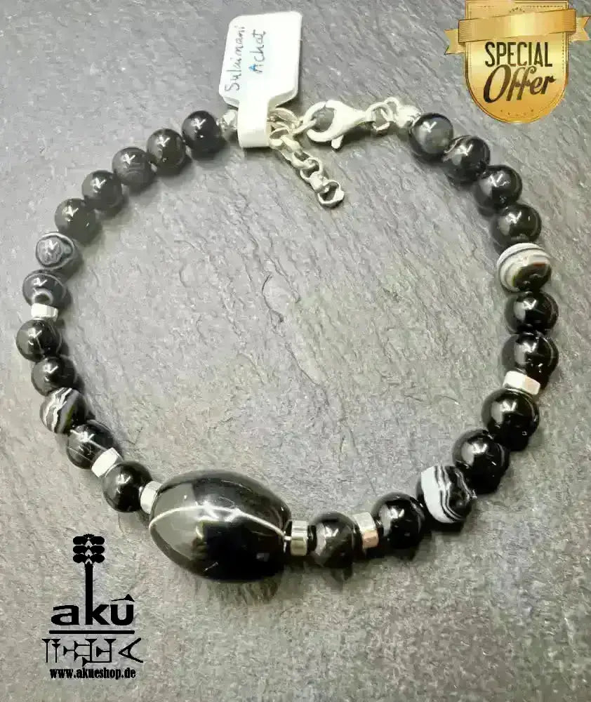 Schwarzer Sulämani Achat Armband, Handgefertigtes Glücksstein natürliche Edelsteine; , 925er Silber, positive Meditationsenergie - AkueShop