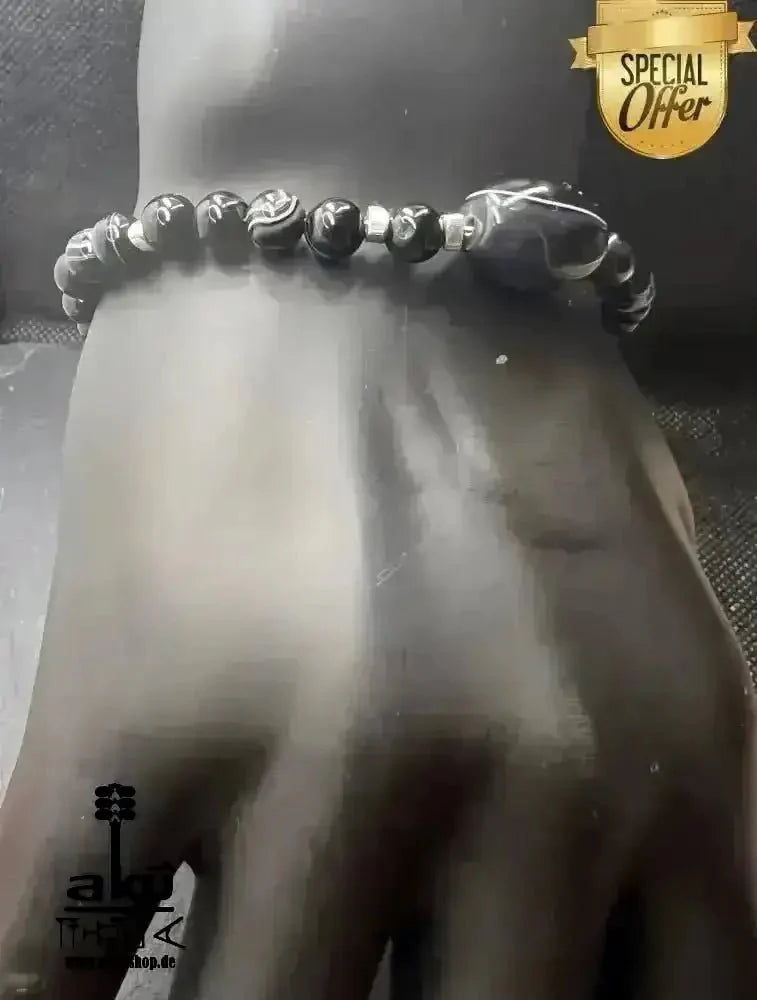 Schwarzer Sulämani Achat Armband, Handgefertigtes Glücksstein natürliche Edelsteine; , 925er Silber, positive Meditationsenergie - AkueShop