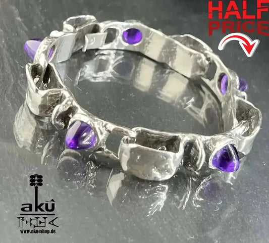 Schweres Vintage - Armband aus 835er Silber, massiv mit natürlichen Amethyst - Edelsteinen - AkueShop