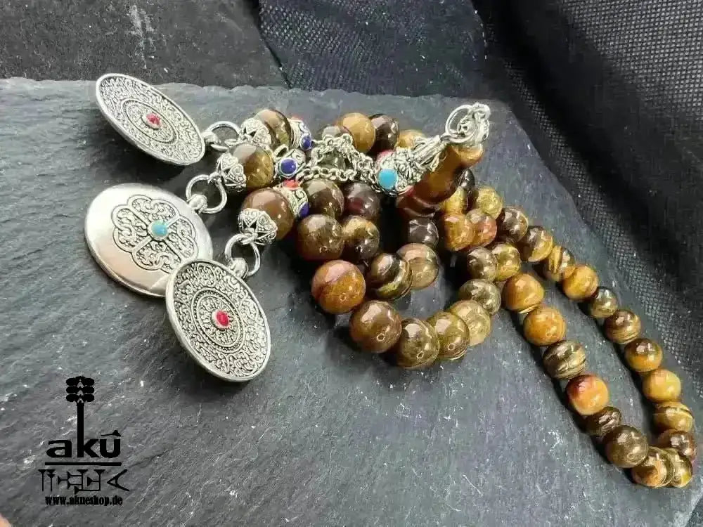Tiger Auge Tesbih 45, natürliches Stein, islamisches Misbaha, Chakrasenergie schöne Quaste - AkueShop