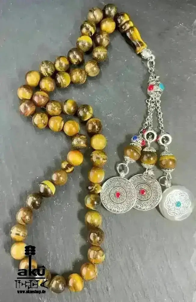 Tiger Auge Tesbih 45, natürliches Stein, islamisches Misbaha, Chakrasenergie schöne Quaste - AkueShop