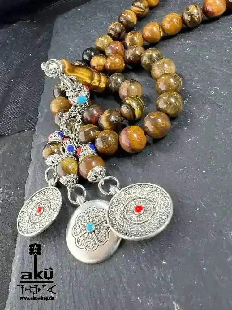 Tiger Auge Tesbih 45, natürliches Stein, islamisches Misbaha, Chakrasenergie schöne Quaste - AkueShop