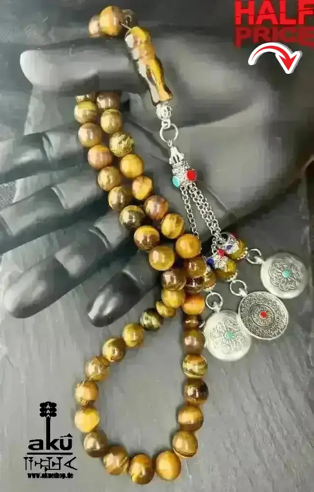 Tiger Auge Tesbih 45, natürliches Stein, islamisches Misbaha, Chakrasenergie schöne Quaste - AkueShop