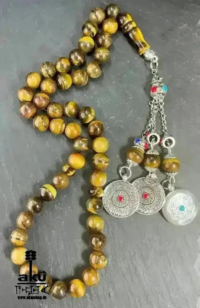 Tiger Auge Tesbih 45, natürliches Stein, islamisches Misbaha, Chakrasenergie schöne Quaste - AkueShop