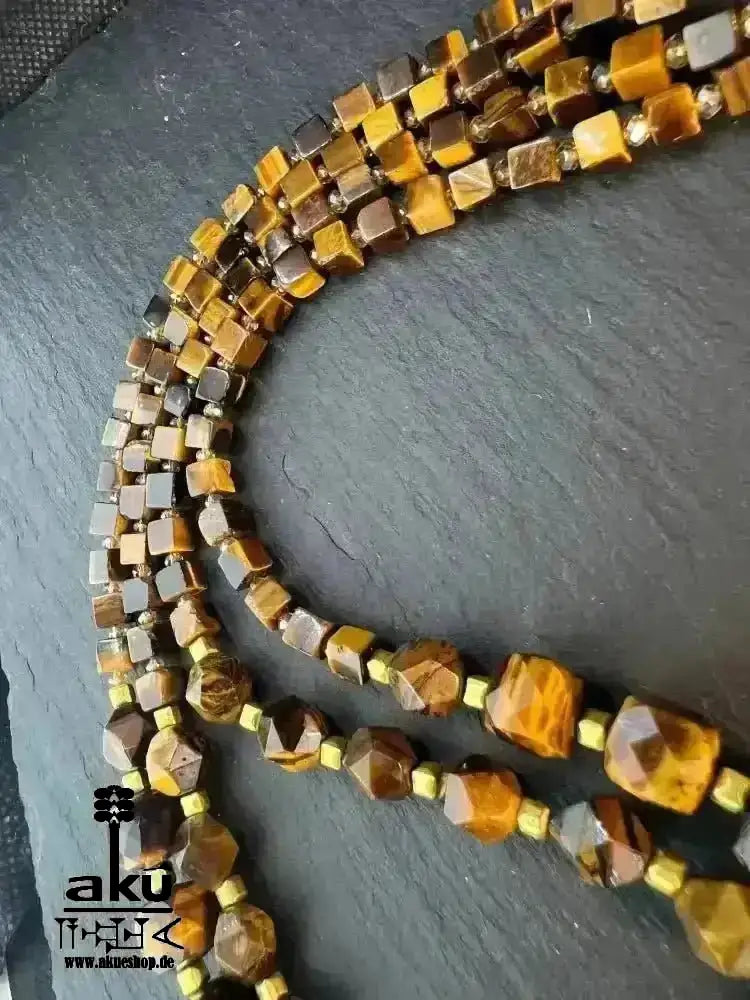 Tigerauge Festoon Halskette, Golden - Feuer Edelstein Schmuck, doppelsträngiges Solarchakra - AkueShop