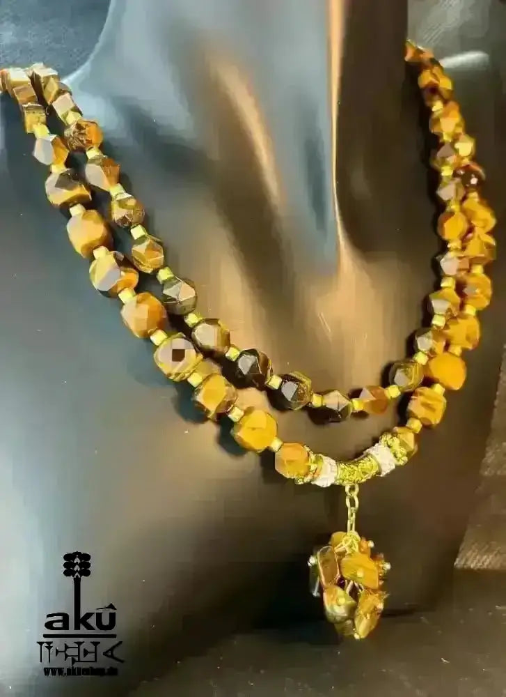 Tigerauge Festoon Halskette, Golden - Feuer Edelstein Schmuck, doppelsträngiges Solarchakra - AkueShop