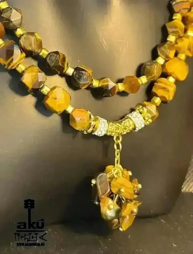 Tigerauge Festoon Halskette, Golden - Feuer Edelstein Schmuck, doppelsträngiges Solarchakra - AkueShop