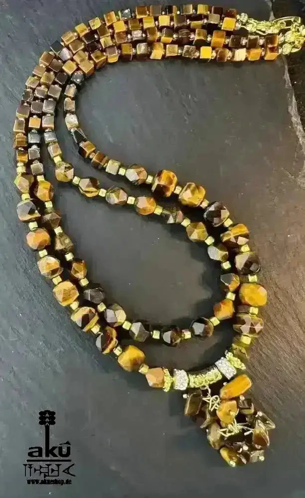 Tigerauge Festoon Halskette, Golden - Feuer Edelstein Schmuck, doppelsträngiges Solarchakra - AkueShop