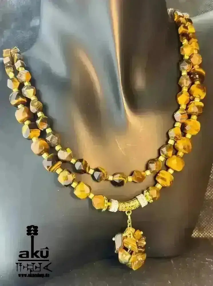 Tigerauge Festoon Halskette, Golden - Feuer Edelstein Schmuck, doppelsträngiges Solarchakra - AkueShop