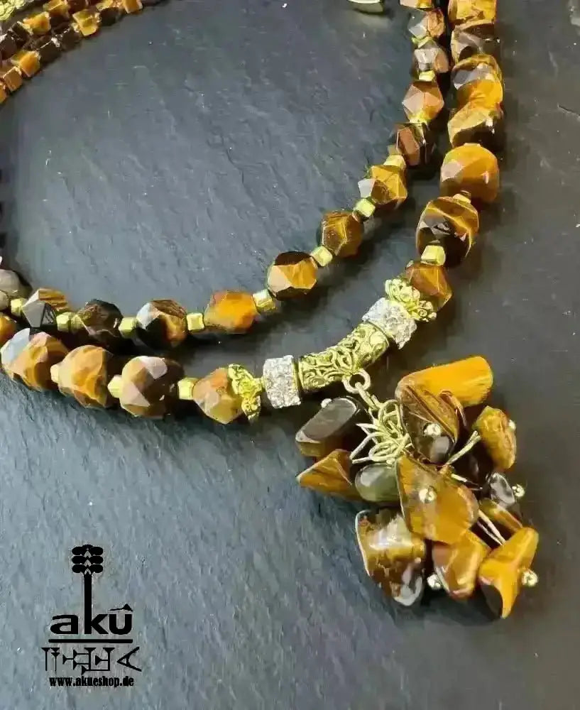 Tigerauge Festoon Halskette, Golden - Feuer Edelstein Schmuck, doppelsträngiges Solarchakra - AkueShop