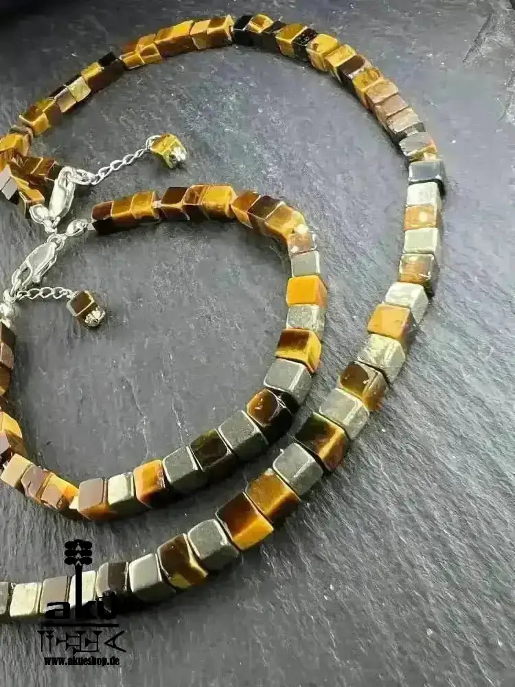 Tigerauge Halskette & Armband, natürliches Edelstein Schmuckset 925er Silber, chakren energie - AkueShop
