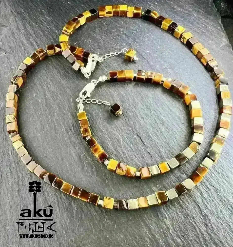Tigerauge Halskette & Armband, natürliches Edelstein Schmuckset 925er Silber, chakren energie - AkueShop