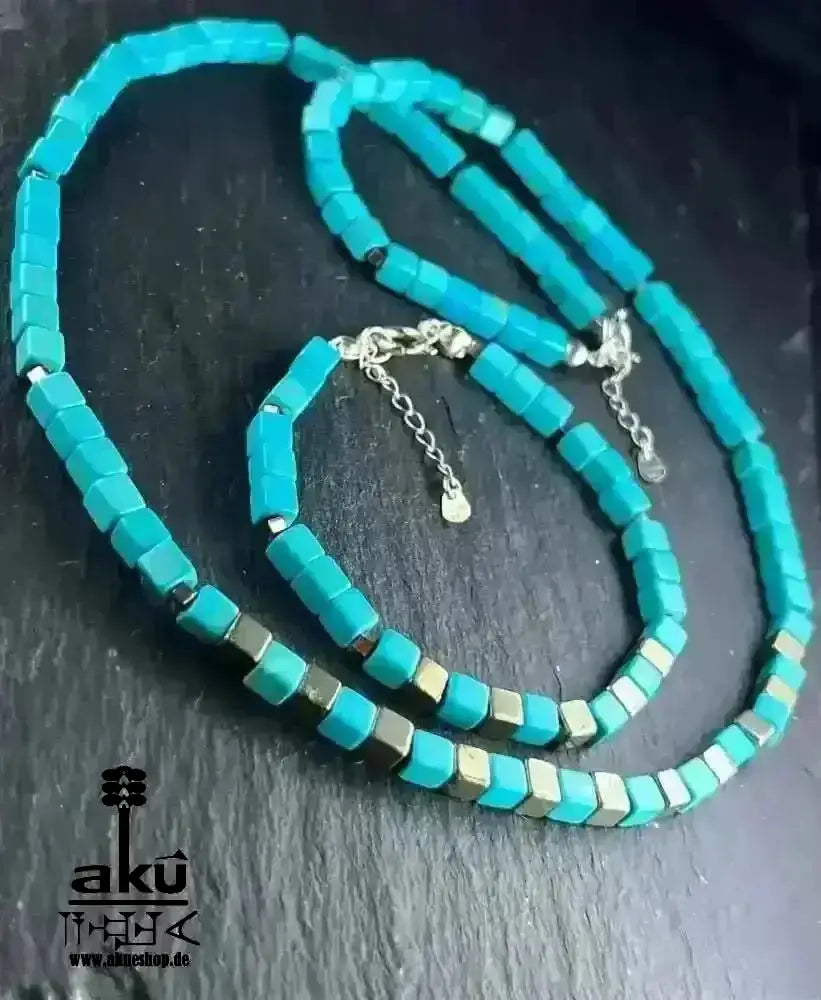 Türkis Howlith & Perit Schmuckset; Halskette und Armband, 925er Silber, Halschakra meditationenergie - AkueShop