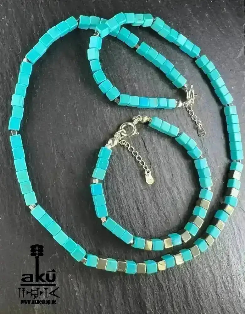 Türkis Howlith & Perit Schmuckset; Halskette und Armband, 925er Silber, Halschakra meditationenergie - AkueShop