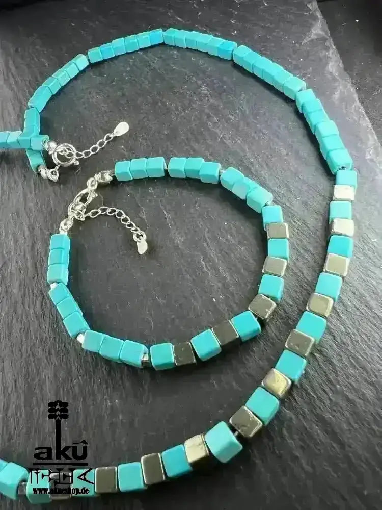 Türkis Howlith & Perit Schmuckset; Halskette und Armband, 925er Silber, Halschakra meditationenergie - AkueShop