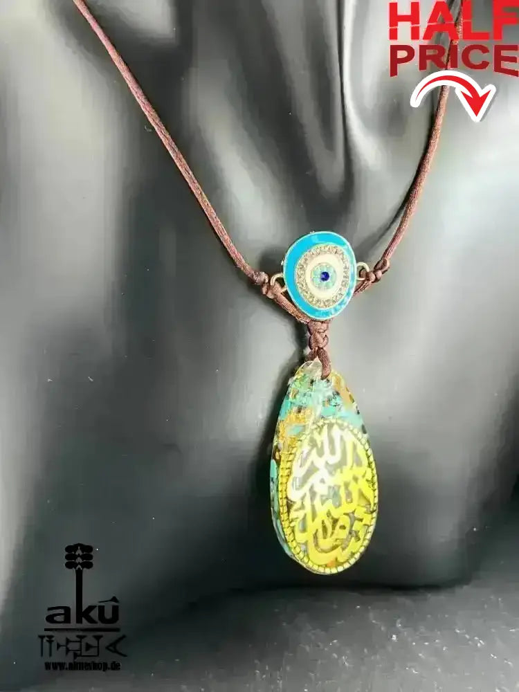 Türkis Islamische Halskette, Harz Anhänger mit ethnische arabische Kalligraphie Bismillah Maschallah - AkueShop