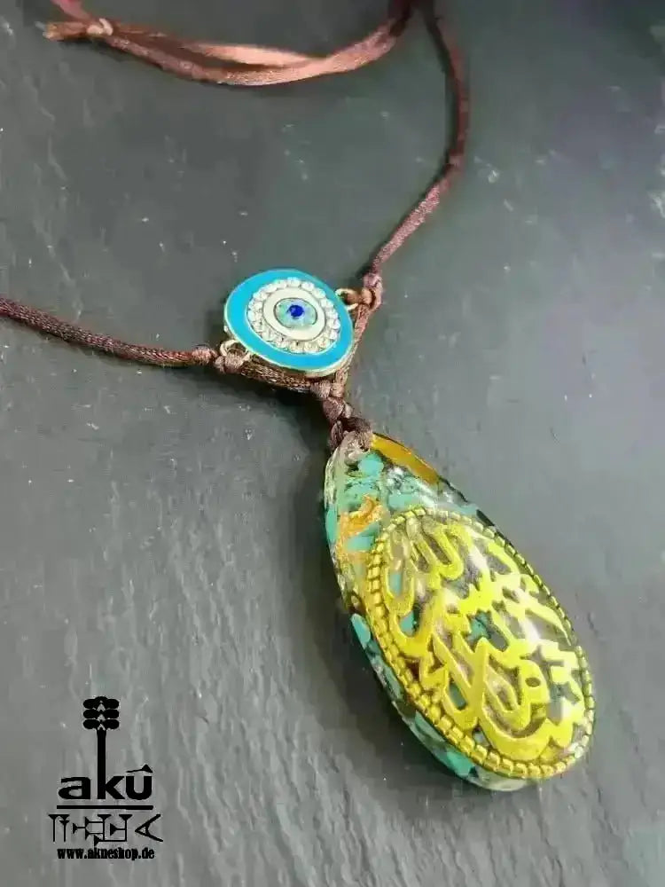 Türkis Islamische Halskette, Harz Anhänger mit ethnische arabische Kalligraphie Bismillah Maschallah - AkueShop