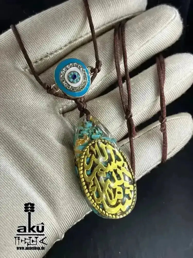 Türkis Islamische Halskette, Harz Anhänger mit ethnische arabische Kalligraphie Bismillah Maschallah - AkueShop