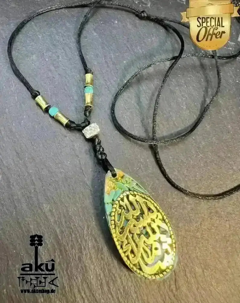 Türkis Resin Halskette islamische Bismillah Maschallah, Hals chakra Energieöffnung, Harz Schmuck - AkueShop