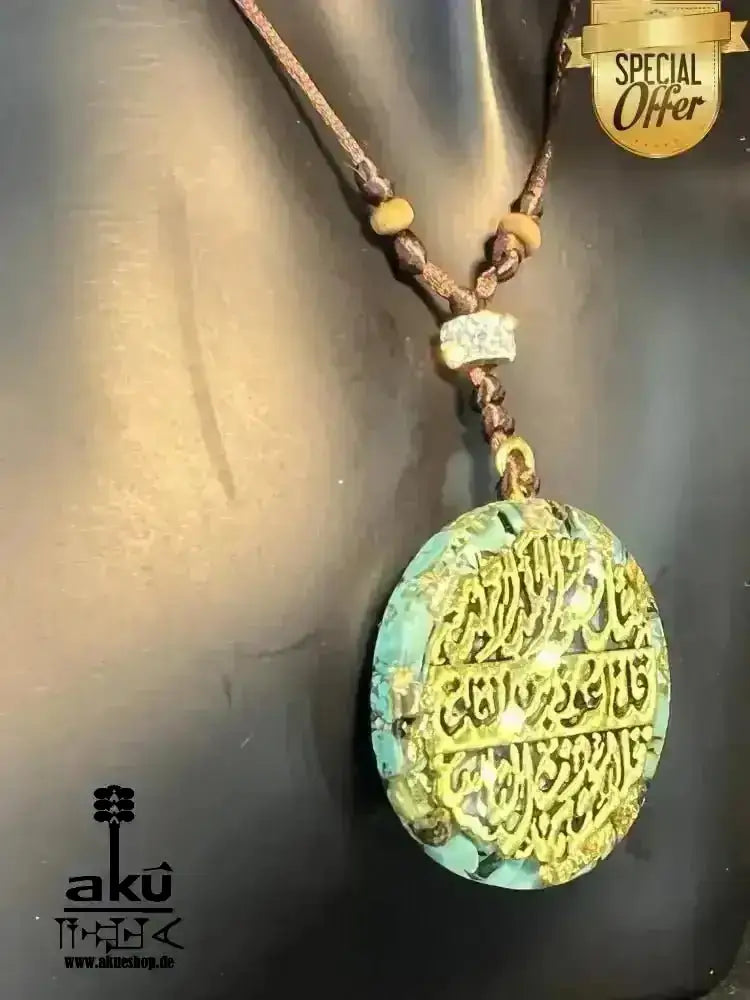 Türkis Resin Halskette islamische Koranwörter, Hals chakra Energieöffnung, Resin Harz Schmuck - AkueShop