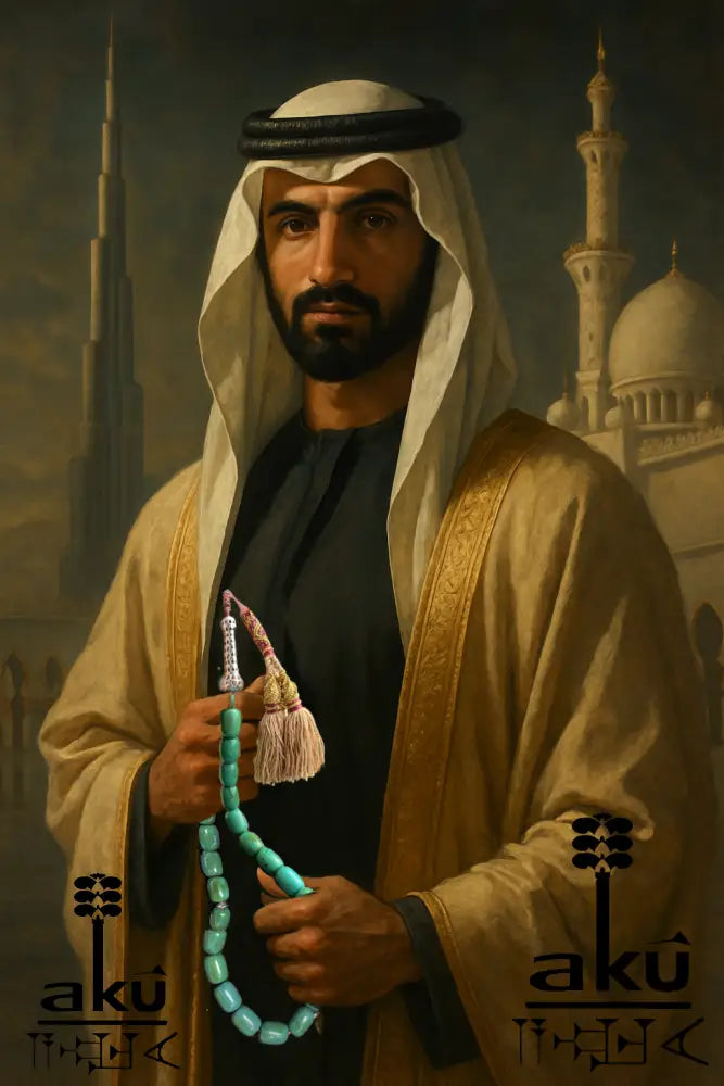 KI Model, für 33er Tasbih aus natürlich türkisem Chrysokoll, 18×13 mm zylinderförmige Perlen, 5 cm Minarett aus 925er Sterlingsilber, 40+13 cm Länge, 186 g Gewicht, mit goldfarbener Seidenquaste.