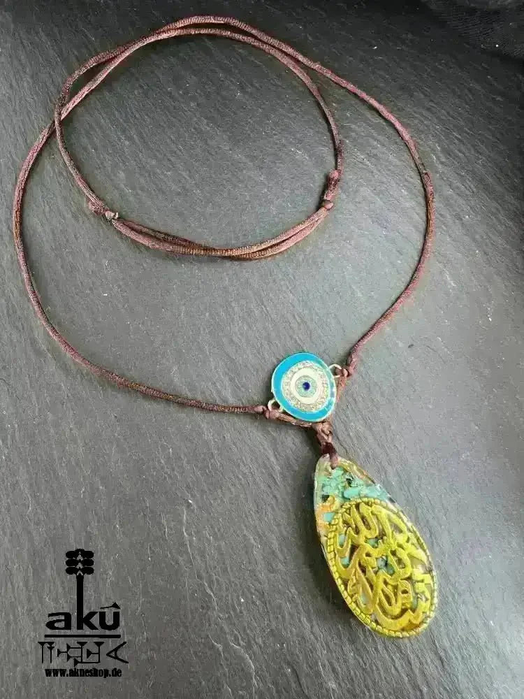 Türkis Islamische Halskette, Harz Anhänger mit ethnische arabische Kalligraphie Bismillah Maschallah - AkueShop
