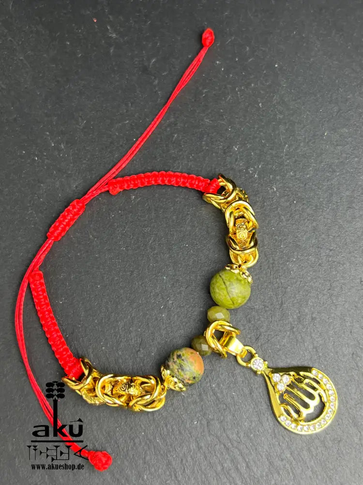 Unakit Tasbih und Armband aus natürlichem Stein (10 mm) mit goldbeschichtetem 'Allah'-Anhänger. Perfekt für spirituelle Energie, Meditation oder als elegantes Geschenk für besondere Anlässe